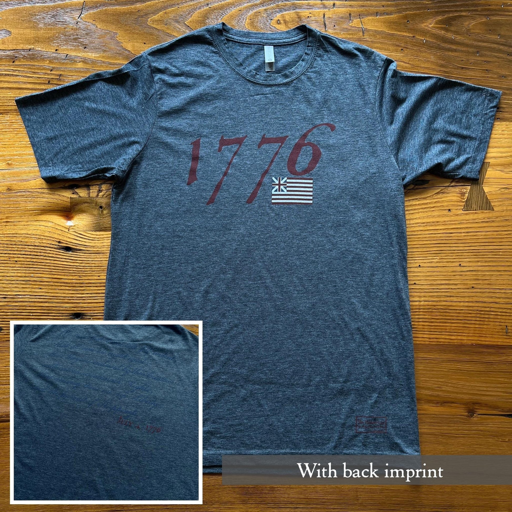 "1776 with Our Nation's First Flag" Shirt - Antique denim from The History List store with back imprint
