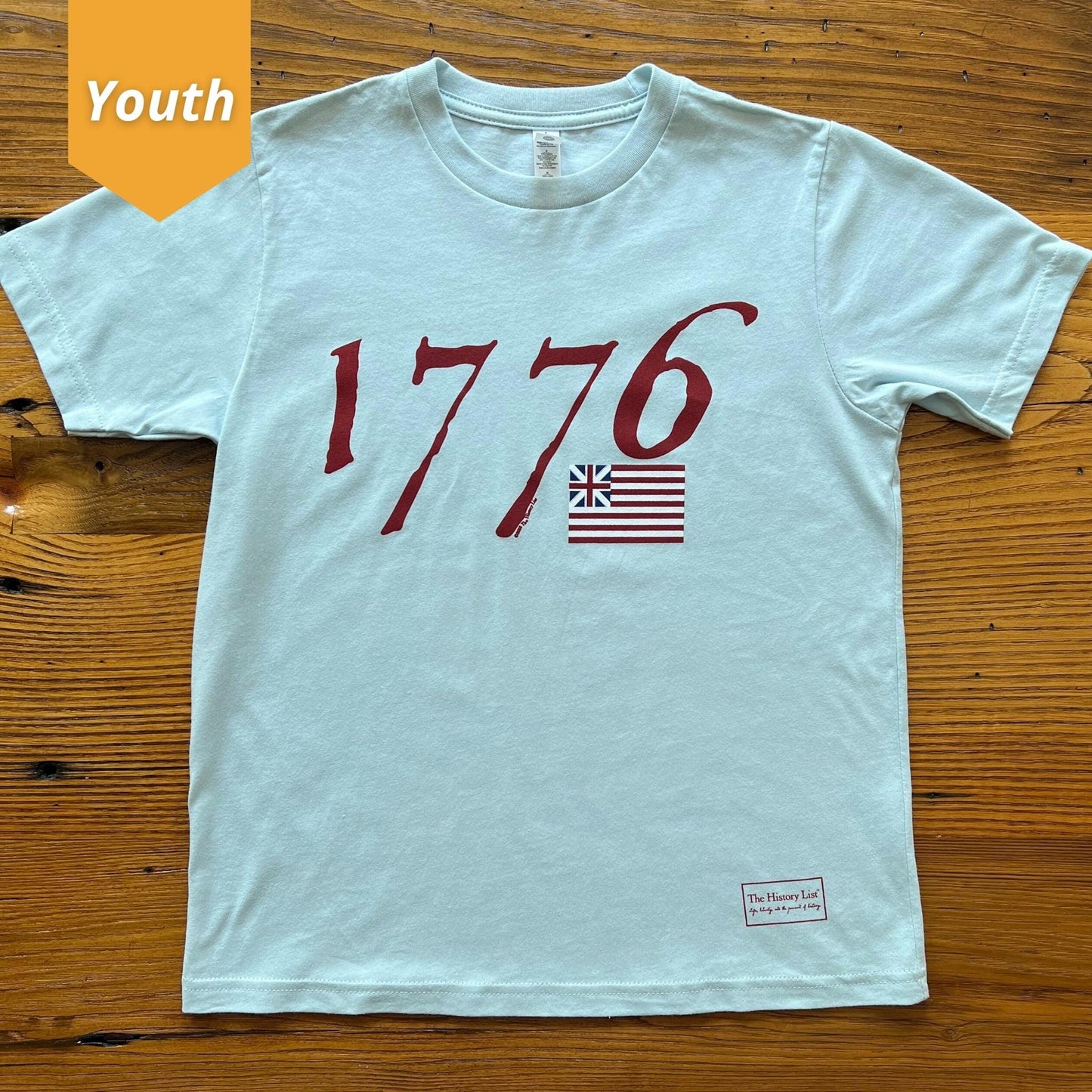 "1776 with Our Nation's First Flag" Shirt in Youth sizes in Light blue from The History List store