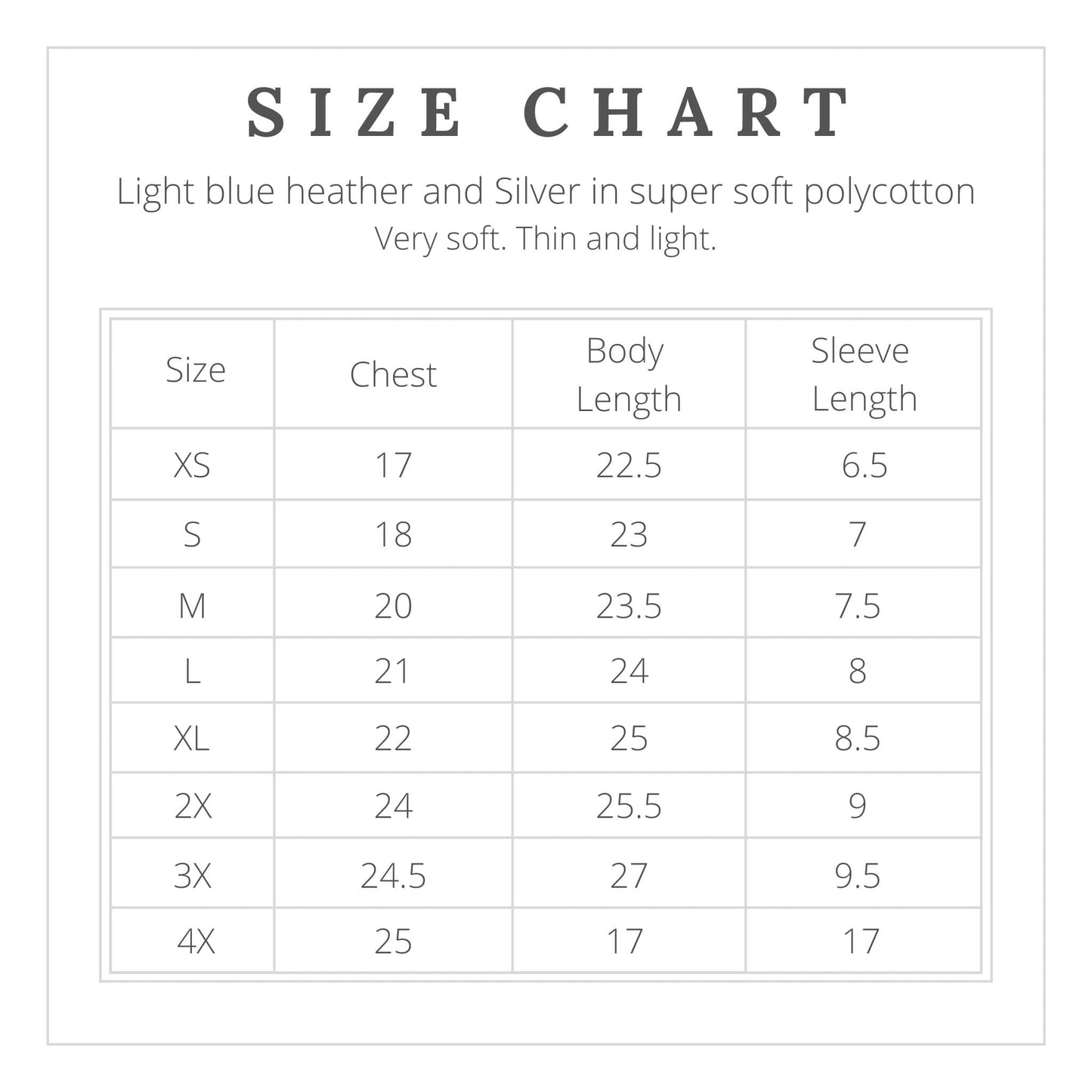 Size chart of the polycotton shirt of the "We hold these truths - July 4, 1776” T-shirt from The History List store
