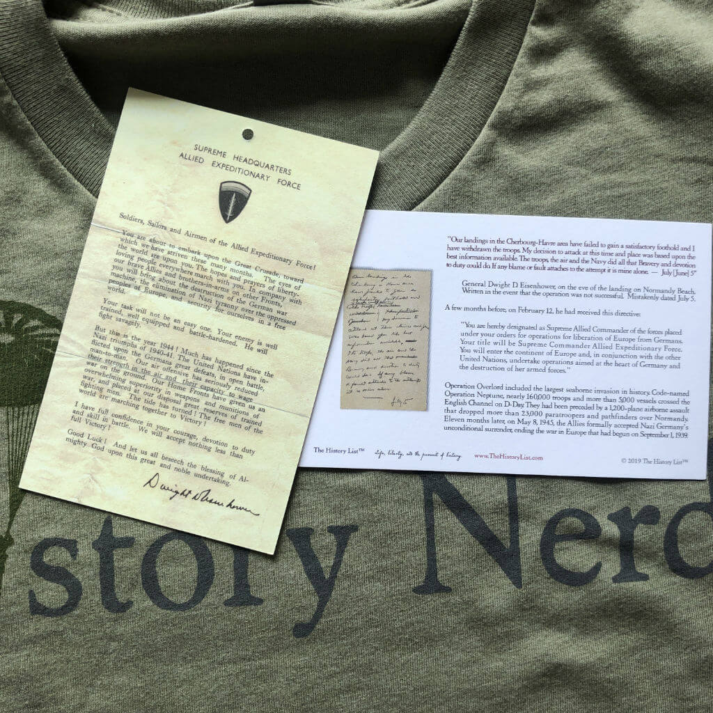Hangtags for "History Nerd" V-neck shirt with WWII Paratrooper - 75th Anniversary of D-Day from The History List Store