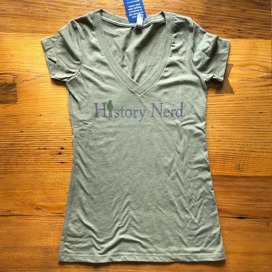 "History Nerd" V-neck shirt with a WWII Soldier - Military green from The History List Store